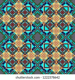 Symmetrical tile design in blue, neutral and green colors. Oriental tiles, vector seamless islamic pattern with pretty oriental curves and mandalas details.