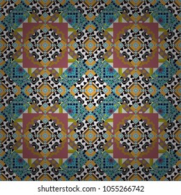 Symmetrical tile design in blue, orange and black colors. Oriental tiles, vector seamless islamic pattern with pretty oriental curves and mandalas details.