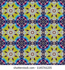 Symmetrical tile design in blue, orange and brown colors. Oriental tiles, vector seamless islamic pattern with pretty oriental curves and mandalas details.