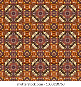 Symmetrical tile design in blue, yellow and orange colors. Oriental tiles, vector seamless islamic pattern with pretty oriental curves and mandalas details.