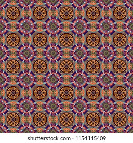 Symmetrical tile design in brown, blue and orange colors. Oriental tiles, vector seamless islamic pattern with pretty oriental curves and mandalas details.