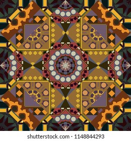 Symmetrical tile design in brown, gray and orange colors. Oriental tiles, vector seamless islamic pattern with pretty oriental curves and mandalas details.