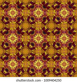 Symmetrical tile design in brown, orange and red colors. Oriental tiles, vector seamless islamic pattern with pretty oriental curves and mandalas details.