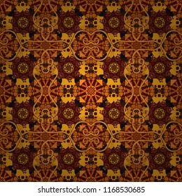 Symmetrical tile design in brown, orange and yellow colors. Oriental tiles, vector seamless islamic pattern with pretty oriental curves and mandalas details.