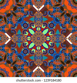 Symmetrical tile design in brown, red and blue colors. Oriental tiles, vector seamless islamic pattern with pretty oriental curves and mandalas details.