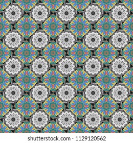 Symmetrical tile design in gray, blue and yellow colors. Oriental tiles, vector seamless islamic pattern with pretty oriental curves and mandalas details.