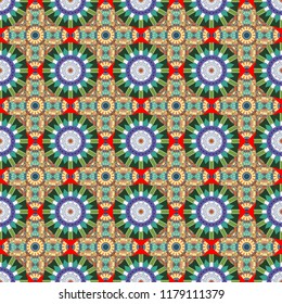Symmetrical tile design in gray, blue and green colors. Oriental tiles, vector seamless islamic pattern with pretty oriental curves and mandalas details.