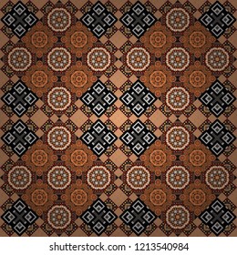 Symmetrical tile design in gray, brown and black colors. Oriental tiles, vector seamless islamic pattern with pretty oriental curves and mandalas details.