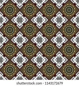 Symmetrical tile design in gray, green and white colors. Oriental tiles, vector seamless islamic pattern with pretty oriental curves and mandalas details.