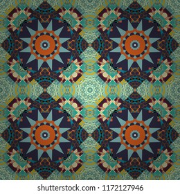 Symmetrical tile design in gray, orange and blue colors. Oriental tiles, vector seamless islamic pattern with pretty oriental curves and mandalas details.
