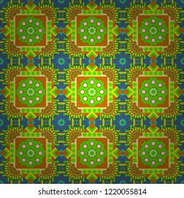 Symmetrical tile design in orange, green and yellow colors. Oriental tiles, vector seamless islamic pattern with pretty oriental curves and mandalas details.