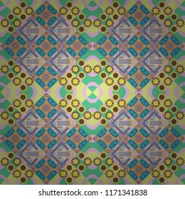 Symmetrical tile design in orange, pink and blue colors. Oriental tiles, vector seamless islamic pattern with pretty oriental curves and mandalas details.