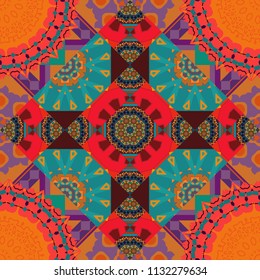 Symmetrical tile design in orange, red and blue colors. Oriental tiles, vector seamless islamic pattern with pretty oriental curves and mandalas details.