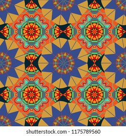 Symmetrical tile design in orange, yellow and violet colors. Oriental tiles, seamless islamic pattern with pretty oriental curves and mandalas details.