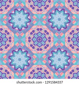 Symmetrical tile design in pink, violet and blue colors. Oriental tiles, vector seamless islamic pattern with pretty oriental curves and mandalas details.