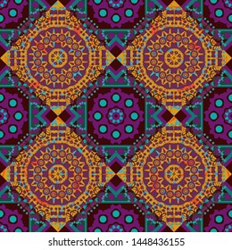 Symmetrical tile design in purple, brown and orange colors. Oriental tiles, vector seamless islamic pattern with pretty oriental curves and mandalas details.