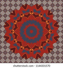 Symmetrical tile design in red, brown and gray colors. Oriental tiles, vector seamless islamic pattern with pretty oriental curves and mandalas details.
