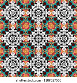 Symmetrical tile design in red, gray and blue colors. Oriental tiles, vector seamless islamic pattern with pretty oriental curves and mandalas details.
