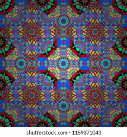 Symmetrical tile design in red, violet and blue colors. Oriental tiles, vector seamless islamic pattern with pretty oriental curves and mandalas details.