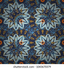 Symmetrical tile design in violet, blue and orange colors. Oriental tiles, vector seamless islamic pattern with pretty oriental curves and mandalas details.