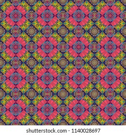 Symmetrical tile design in violet, blue and beige colors. Oriental tiles, vector seamless islamic pattern with pretty oriental curves and mandalas details.