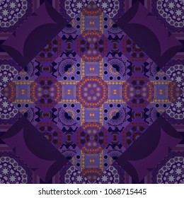 Symmetrical tile design in violet, purple and brown colors. Oriental tiles, vector seamless islamic pattern with pretty oriental curves and mandalas details.
