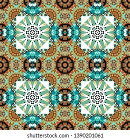 Symmetrical tile design in white, green and blue colors. Oriental tiles, vector seamless islamic pattern with pretty oriental curves and mandalas details.