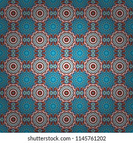 Symmetrical tile design in white, red and blue colors. Oriental tiles, vector seamless islamic pattern with pretty oriental curves and mandalas details.