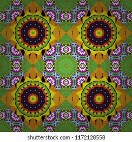 Symmetrical tile design in yellow, green and black colors. Oriental tiles, vector seamless islamic pattern with pretty oriental curves and mandalas details.