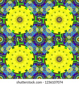 Symmetrical tile design in yellow, violet and green colors. Oriental tiles, vector seamless islamic pattern with pretty oriental curves and mandalas details.