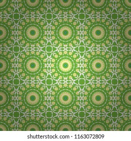 Symmetrical tile design in yellow, white and green colors. Oriental tiles, vector seamless islamic pattern with pretty oriental curves and mandalas details.