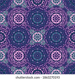 diseño gráfico sin fisuras del patrón de impresión de mosaico simétrico. Ornamentos modernos de mandala. Patrón simétrico decorativo de encaje doodle. Decoración redonda de baldosas. Diseño de la impresión de chales de Bandana.