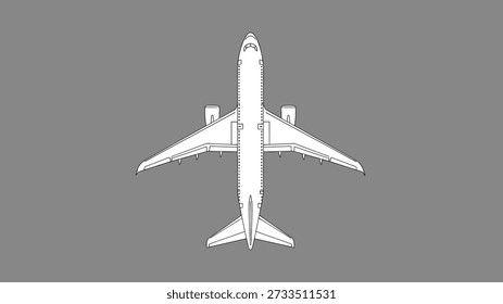 Symmetrical top down view of a large white commercial airplane with wings spread wide flying solo against a solid dark grey minimalist background.