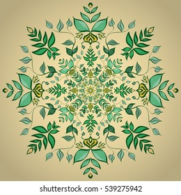 Symmetrical tracery ornament with floral motifs and leaves on a yellow background