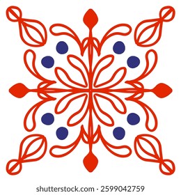 Symmetrical traditional-modern ornaments with arrow patterns. Hand-drawn with monochrome shades of red and blue.