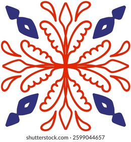 Symmetrical traditional-modern ornaments with diamond patterns. Hand drawn with monochrome shades of red and blue.