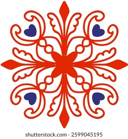 Symmetrical traditional-modern ornaments with a heart guard pattern. Hand drawn with monochrome shades of red and blue.