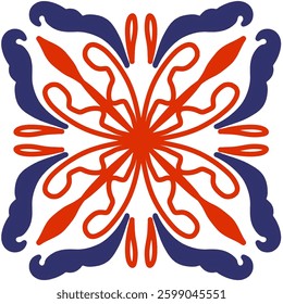 Symmetrical traditional-modern ornaments with seahorse motifs. Hand drawn with monochrome shades of red and blue. 