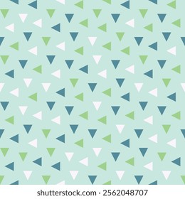 Symmetrical triangle shapes seamless pattern. Geometric surface design of multicolor triangular shapes on light blue color background.