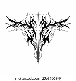 Symmetrical tribal cyber sigilism vector design, abstract black white pattern, for streetwear, clothing, design tattoo, poster, t-shirt print apparel