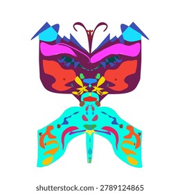 Symmetrical tribal mask abstract vector design, vibrant modern digital artwork on white background.