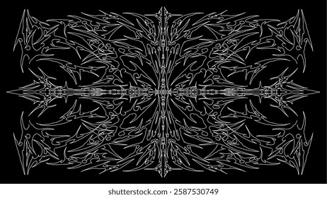 Symmetrical tribal ornament with sharp, intricate lines, perfect for tattoo design, metal music artwork, and dark-themed graphic projects