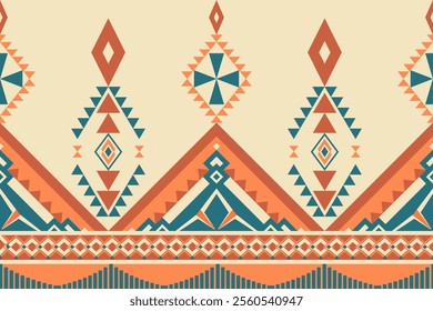 Symmetrical Tribal Pattern Featuring Geometric Shapes in Orange, Teal, and Cream with Intricate Details