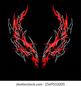 symmetrical tribal pattern vector design with sharp red and silver metallic accents, ideal for tattoo, logo, or apparel concepts