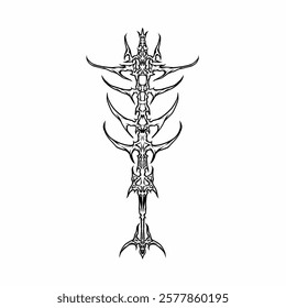 Symmetrical tribal spine tattoo design in black and white. Sharp, detailed, and edgy, suitable for tattoo artists, apparel prints, and gothic-style graphics