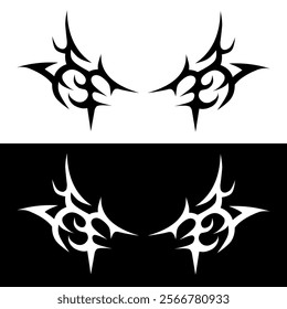 A symmetrical tribal tattoo design in black and white variations.