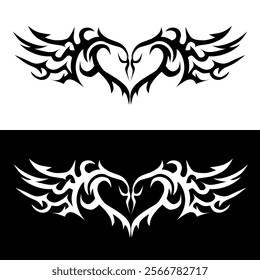 A symmetrical tribal tattoo design featuring two stylized birds forming a heart shape with their heads and wings, shown in black on white and white on black backgrounds.