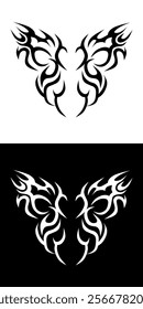 a symmetrical tribal tattoo design resembling butterfly wings, presented in both black on white and white on black versions.