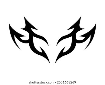 Symmetrical tribal tattoo design with sharp, curved lines forming two mirrored shapes, resembling stylized arrows or flames.