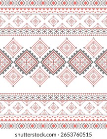 Padrão têxtil tribal simétrico com motivos de diamante e onda em vermelho macio e cinza sobre fundo branco.